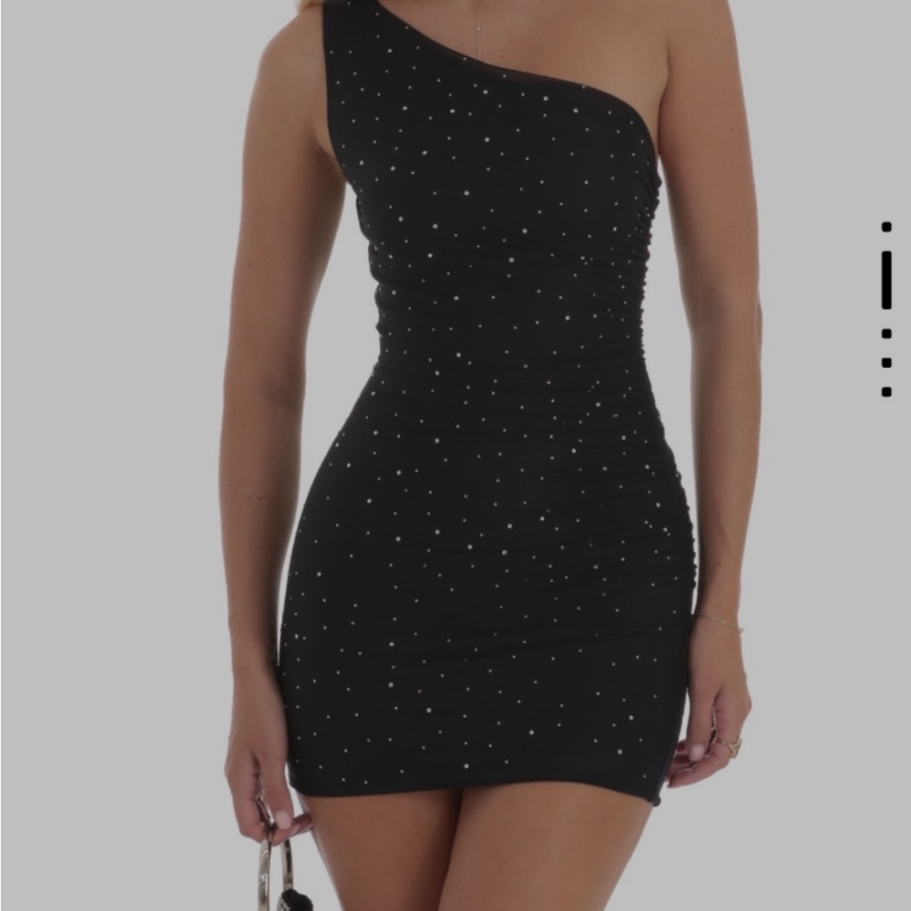 Lucy in the Sky Black One-Shoulder Dress with Silver Accents
